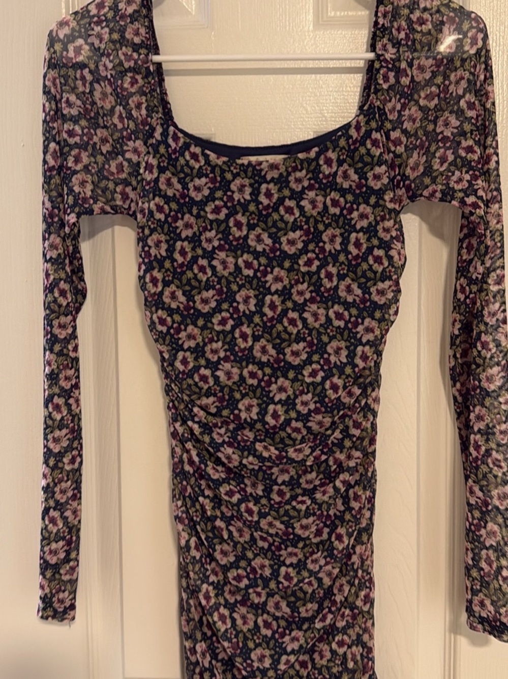 Floral Long Sleeve Scoop Neck Bodycon Dress - Navy with Pink & Green Floral